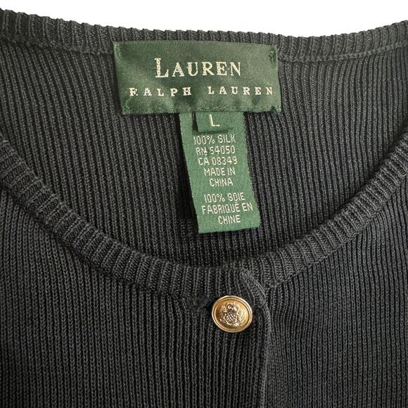 Vintage 100% Silk Navy LAUREN Ralph Lauren Gold Button Cardigan Sweater Large - Picture 3 of 12